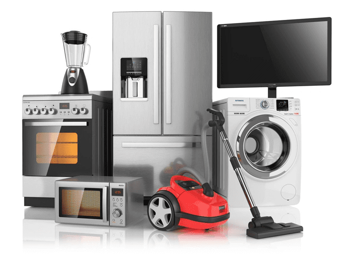 A group of appliances including a microwave, tv and vacuum.